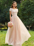 Short Sleeves A Line Lace Chiffon Open Back Prom Dress LBQ3586